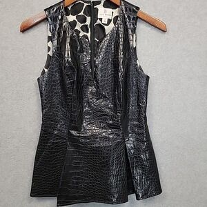 Julie Brown Sleeveless Peplum Top Black Faux Croco Leather V-Neck Clubwear Sz 2